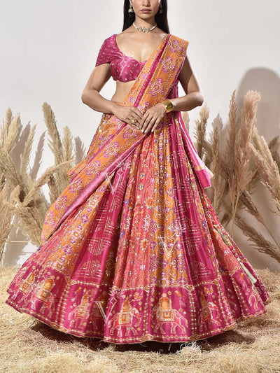 Pink Patola Vasansi Silk Printed Bandhani Lehenga Set