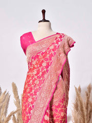 Red & Pink Banarasi Gorgette Saree