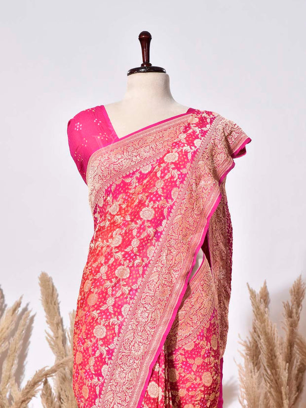 Red & Pink Banarasi Gorgette Saree
