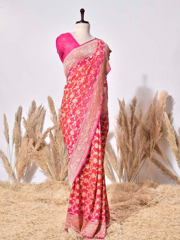 Red & Pink Banarasi Gorgette Saree