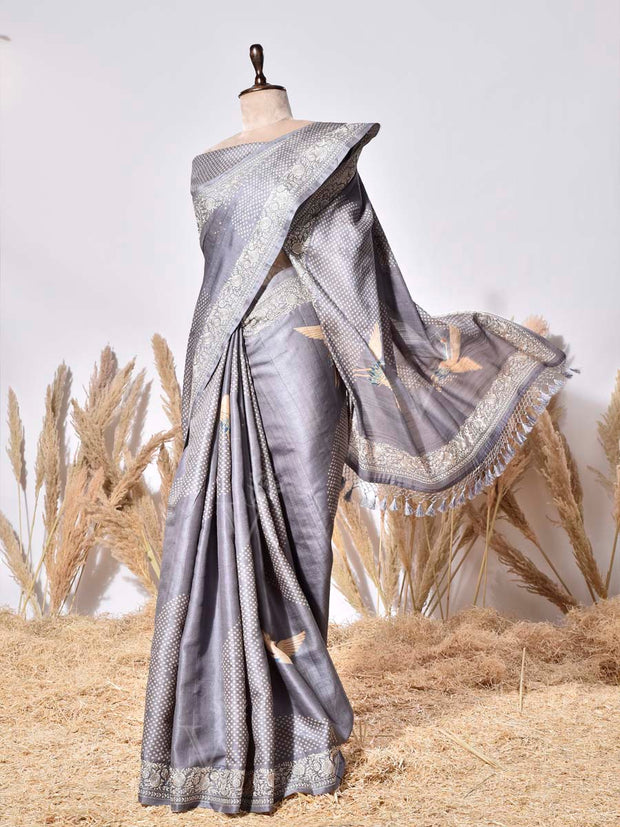 Grey Tusser Silk Saree
