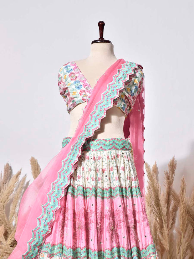 Pink and Green Vasansi Silk Lehenga Set