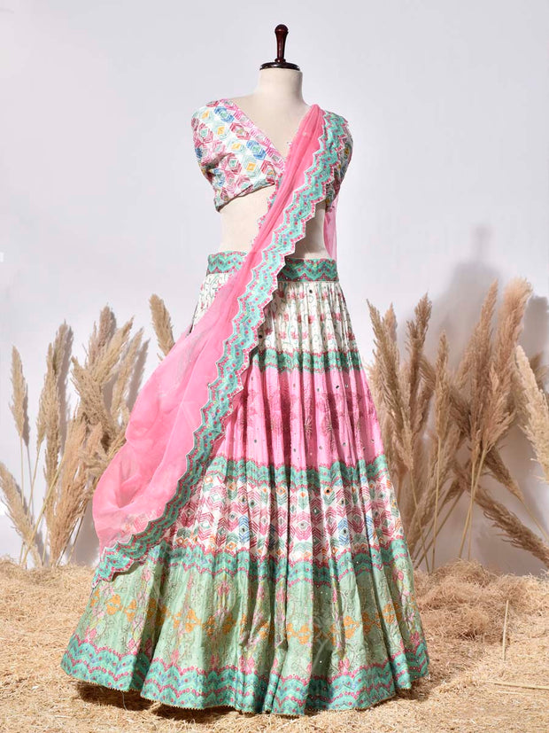 Pink and Green Vasansi Silk Lehenga Set