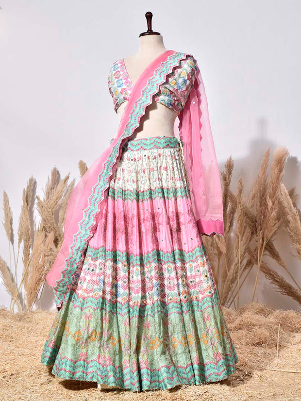Pink and Green Vasansi Silk Lehenga Set