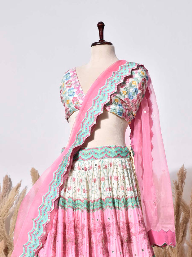 Pink and Green Vasansi Silk Lehenga Set