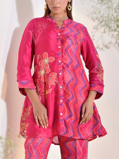 Raspberry Vasansi Silk Embroidered Co Ord Set