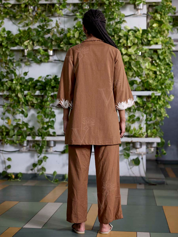 Brown Embroidered Cotton Co-Ord Set