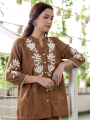Brown Embroidered Cotton Co-Ord Set