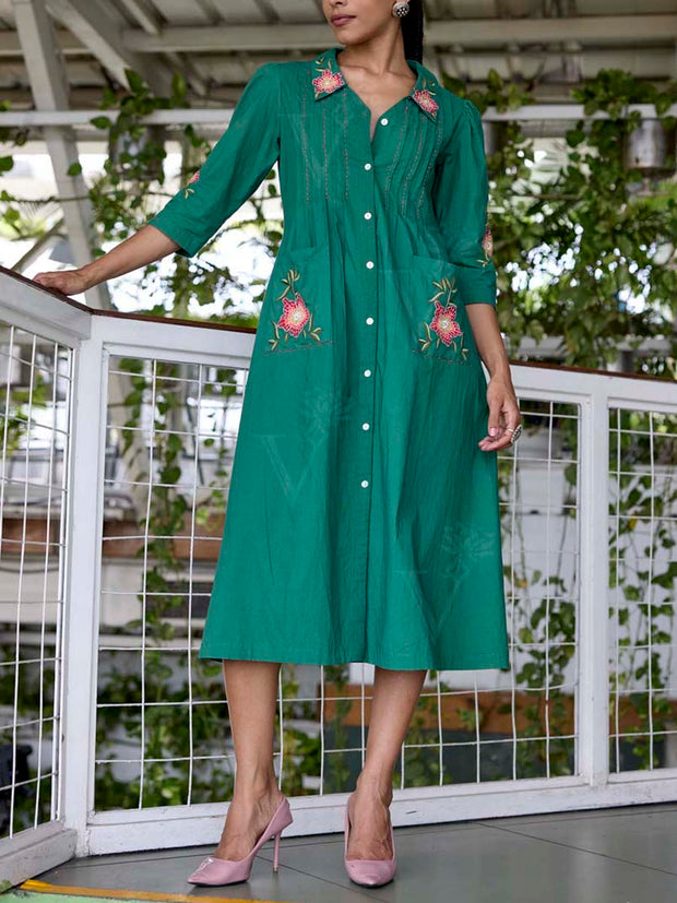 Green Embroidered Cotton Dress