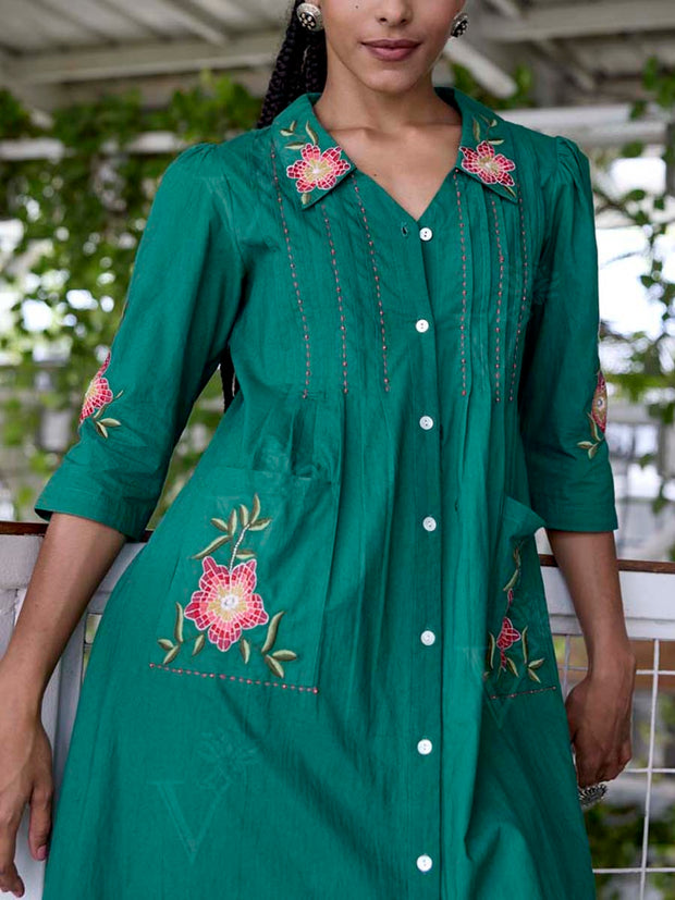 Green Embroidered Cotton Dress