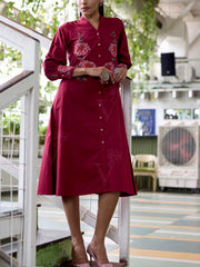 Wine Embroidered Cotton Dress