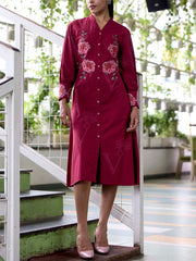 Wine Embroidered Cotton Dress