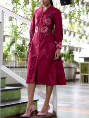 Wine Embroidered Cotton Dress