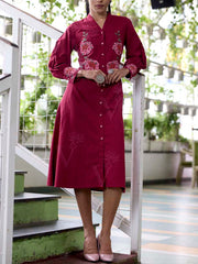 Wine Embroidered Cotton Dress