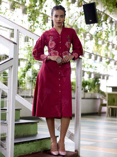 Wine Embroidered Cotton Dress