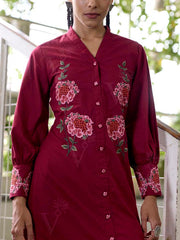 Wine Embroidered Cotton Dress