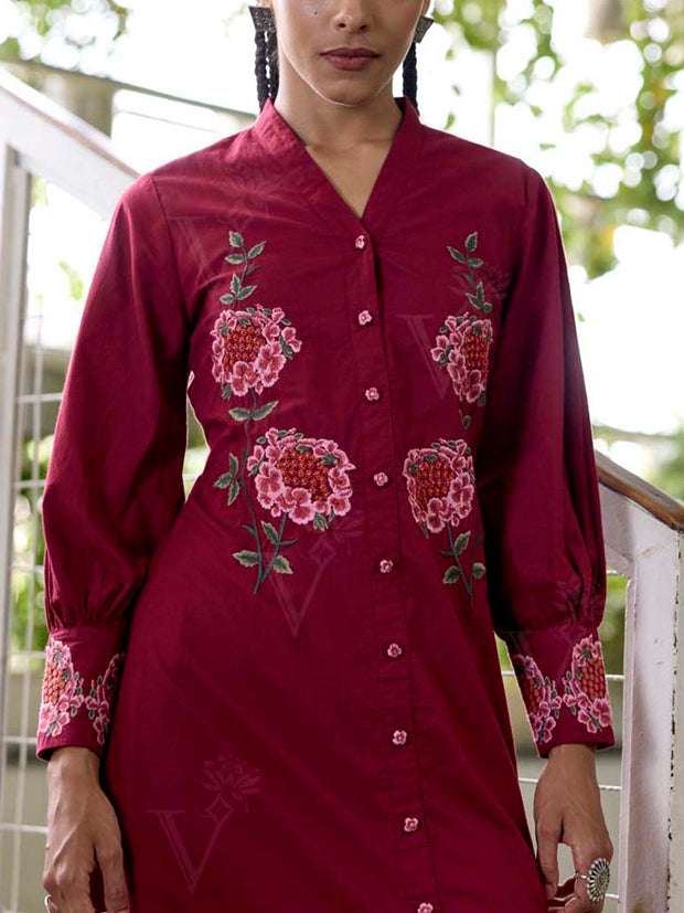 Wine Embroidered Cotton Dress