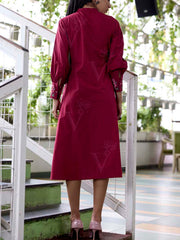 Wine Embroidered Cotton Dress