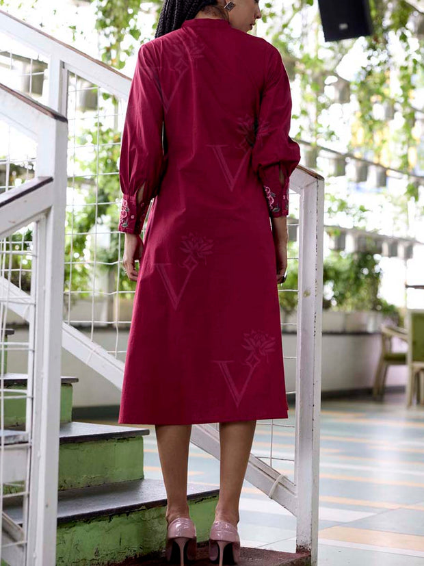Wine Embroidered Cotton Dress