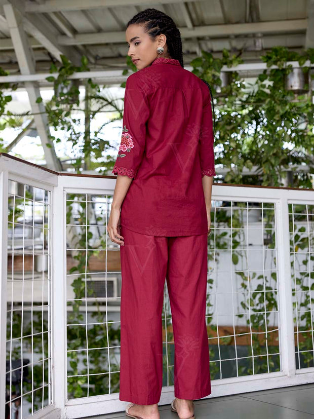 Wine Embroidered Cotton Co-Ord Set