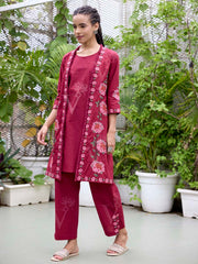Wine Embroidered Cotton Co-Ord Set