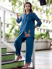 Teal Blue Embroidered Cotton Co-Ord Set