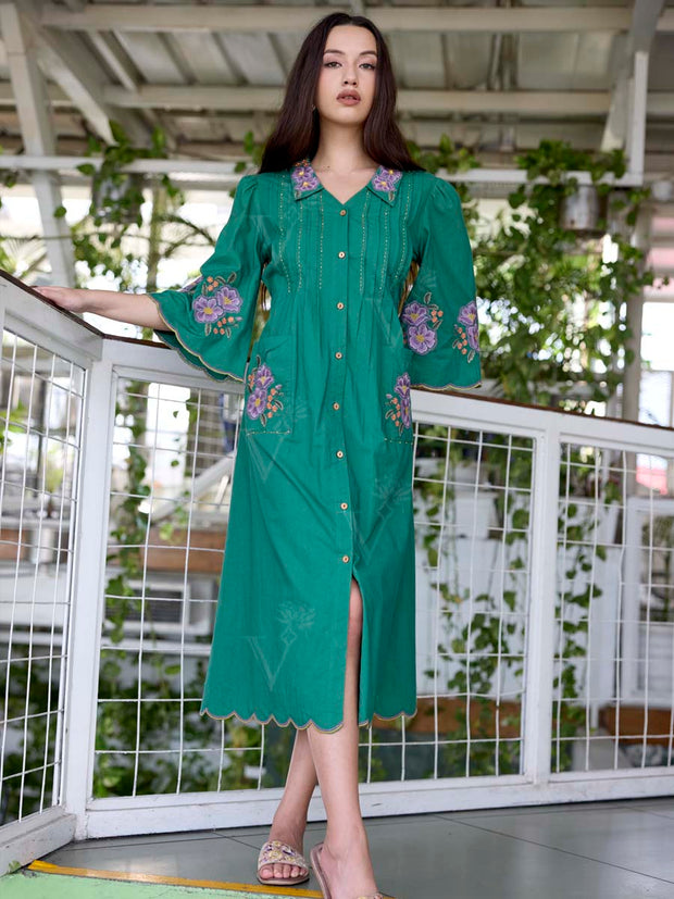 Green Embroidered Cotton Dress