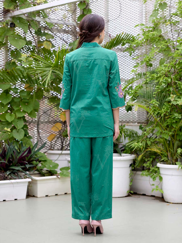 Green Embroidered Cotton Co-Ord Set