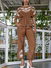 Brown Embroidered Cotton Co-Ord Set