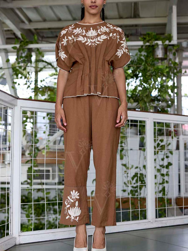 Brown Embroidered Cotton Co-Ord Set