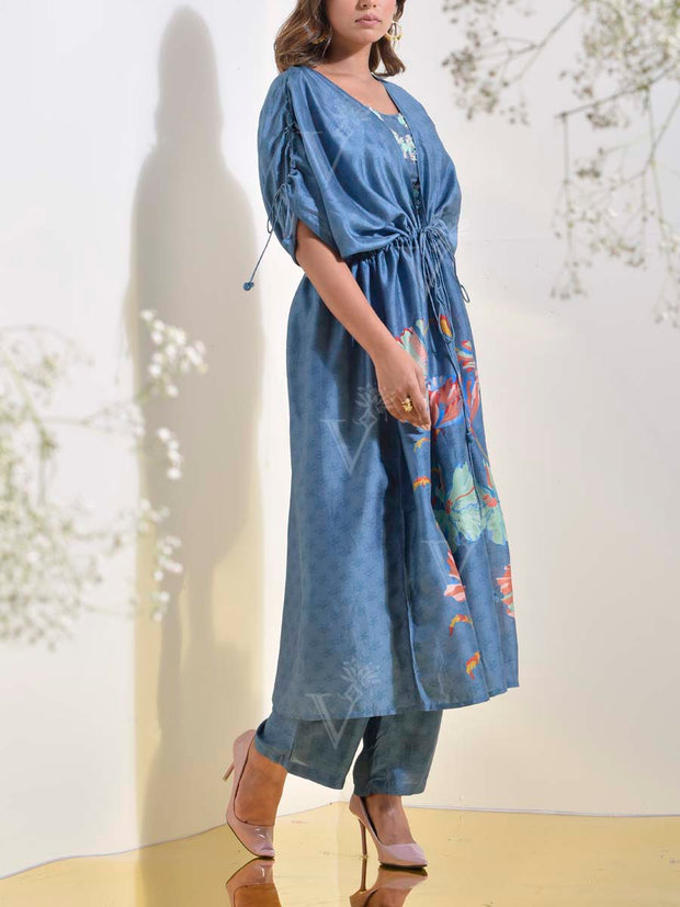 Steel Blue Vasansi Silk Kaftan Jacket with Bustier Pant Set