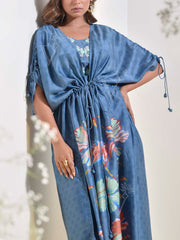 Steel Blue Vasansi Silk Kaftan Jacket with Bustier Pant Set