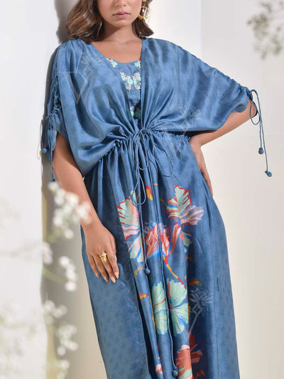 Steel Blue Vasansi Silk Kaftan Jacket with Bustier Pant Set