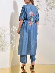 Steel Blue Vasansi Silk Kaftan Jacket with Bustier Pant Set