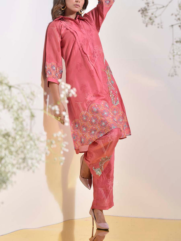 French Pink Vasansi Silk Embroidered Co Ord Set