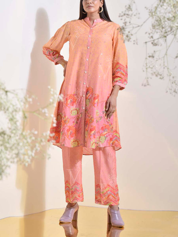 Pink and Yellow Ombre Vasansi Silk Co Ord Set