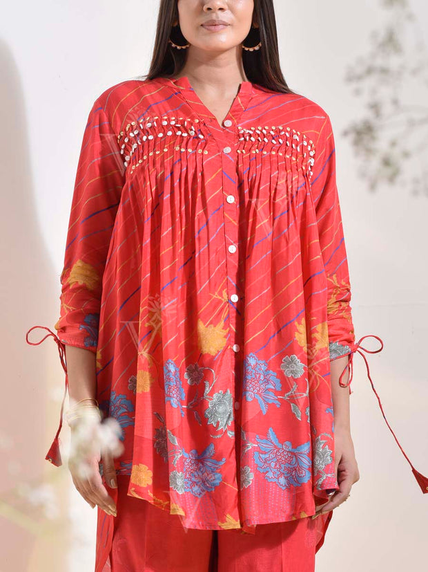 Red Vasansi Silk Printed Leheriya Printed Co Ord Set