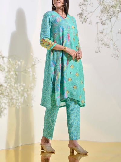 Aqua Blue Vasansi Silk Printed Co Ord Set