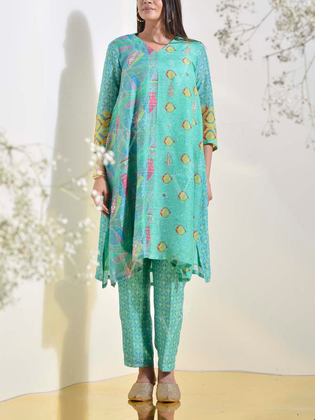 Aqua Blue Vasansi Silk Printed Co Ord Set