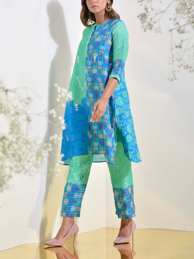 Green and Blue Vasansi Silk Co Ord Set