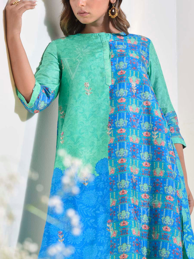 Green and Blue Vasansi Silk Co Ord Set