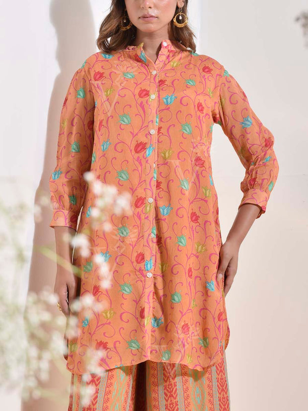 Peach Orange Floral Printed Georgette Co Ord Set