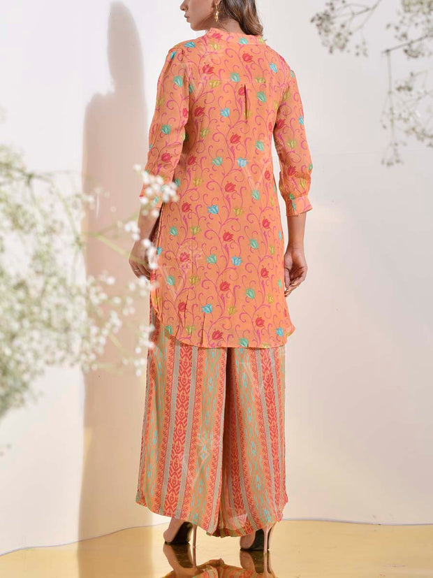Peach Orange Floral Printed Georgette Co Ord Set
