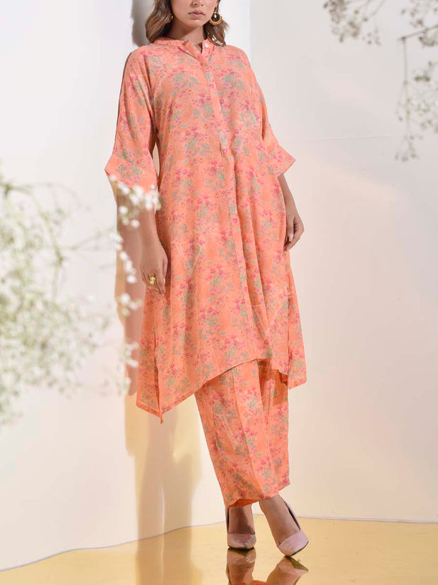 Peach Orange Floral Printed Co Ord Set