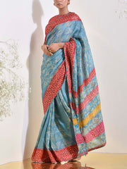 Teal Bandhani  Embroidered Saree