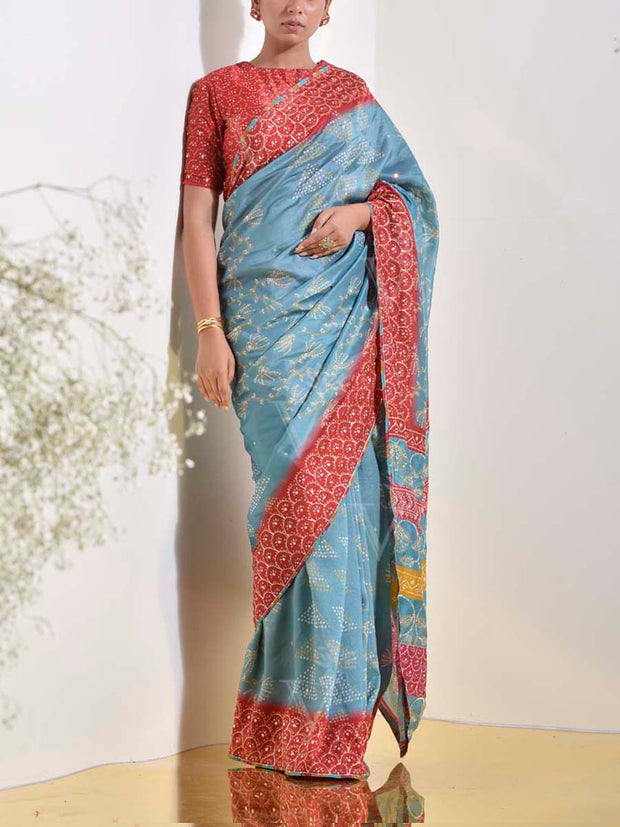 Teal Bandhani  Embroidered Saree