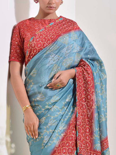 Teal Bandhani  Embroidered Saree