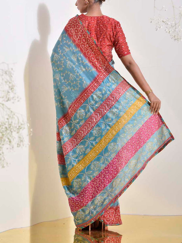 Teal Bandhani  Embroidered Saree