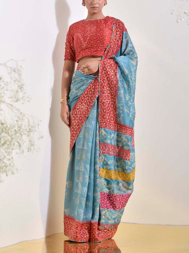 Teal Bandhani  Embroidered Saree