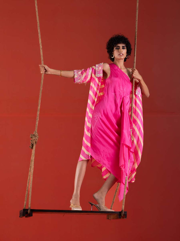 Pink Leheriya Silk One shoulder Asymmetric Dress